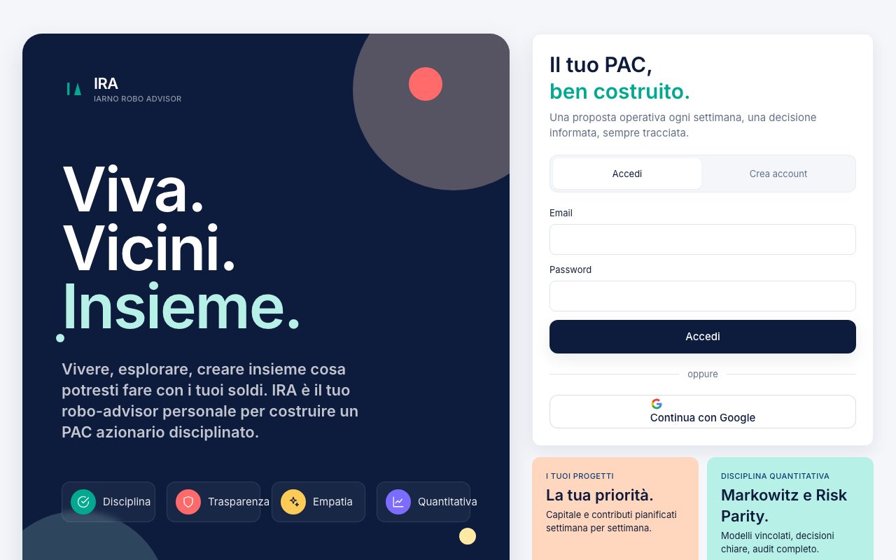IRA — Iarno Robo Advisor — schermata dell'app