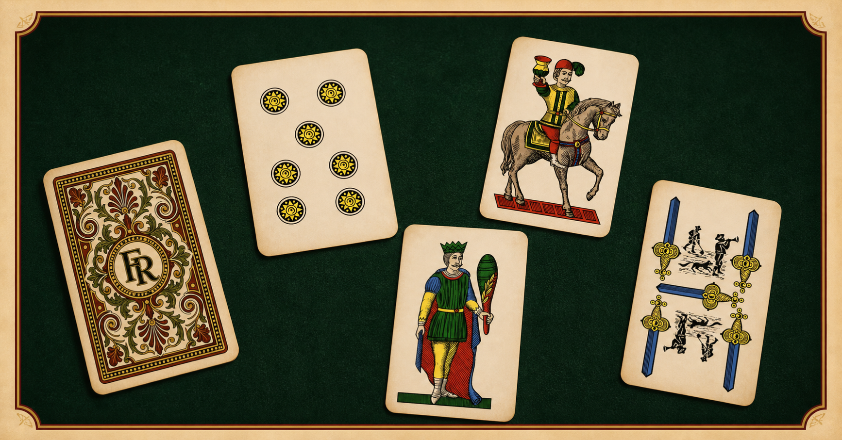 Cinque carte napoletane su un tavolo verde, incluso il dorso con le iniziali F e R